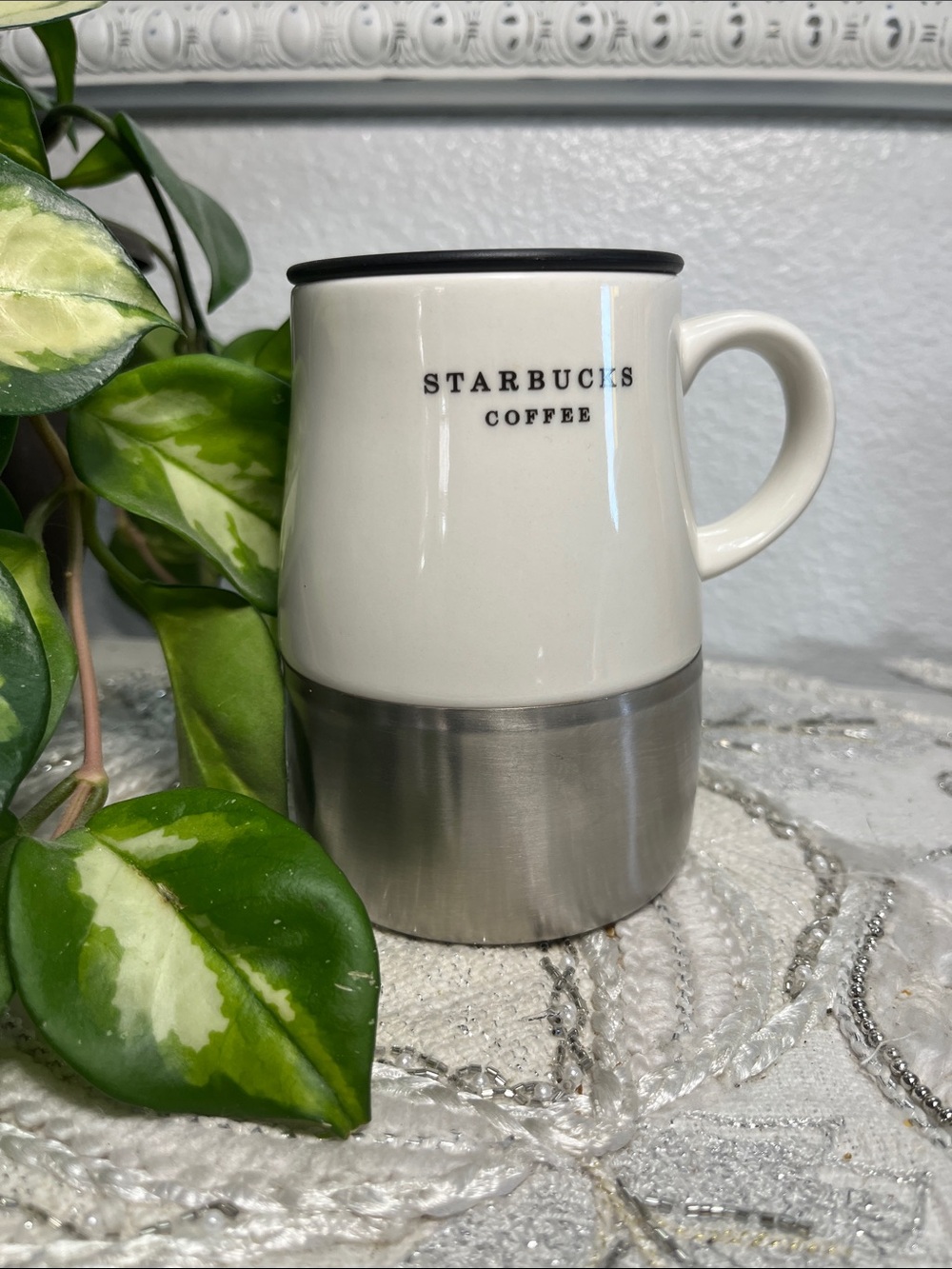 Starbucks White Ceramic Travel Mug with Black Rim and Stainless Base